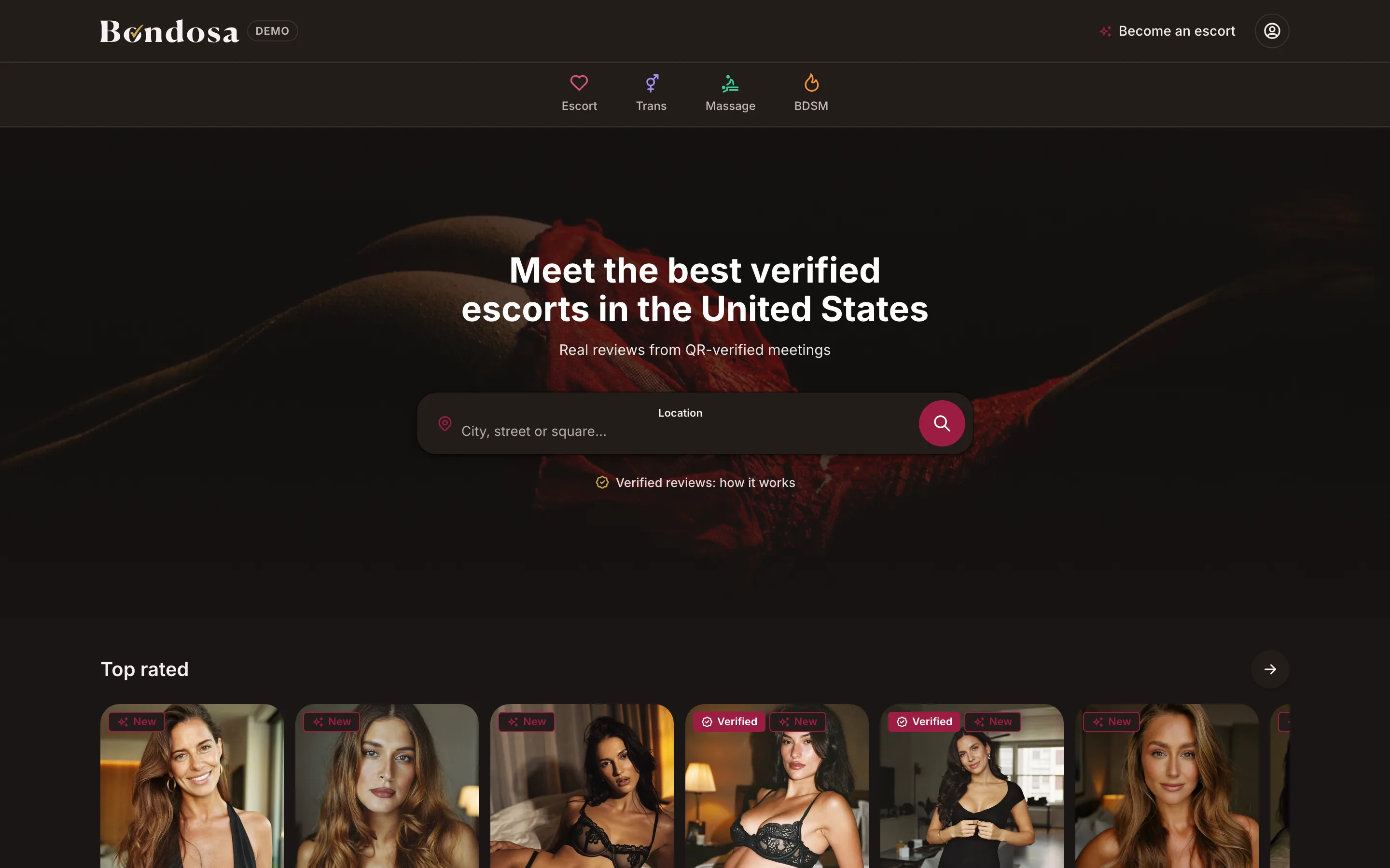 Bondosa escort directory home page with search bar and featured listings