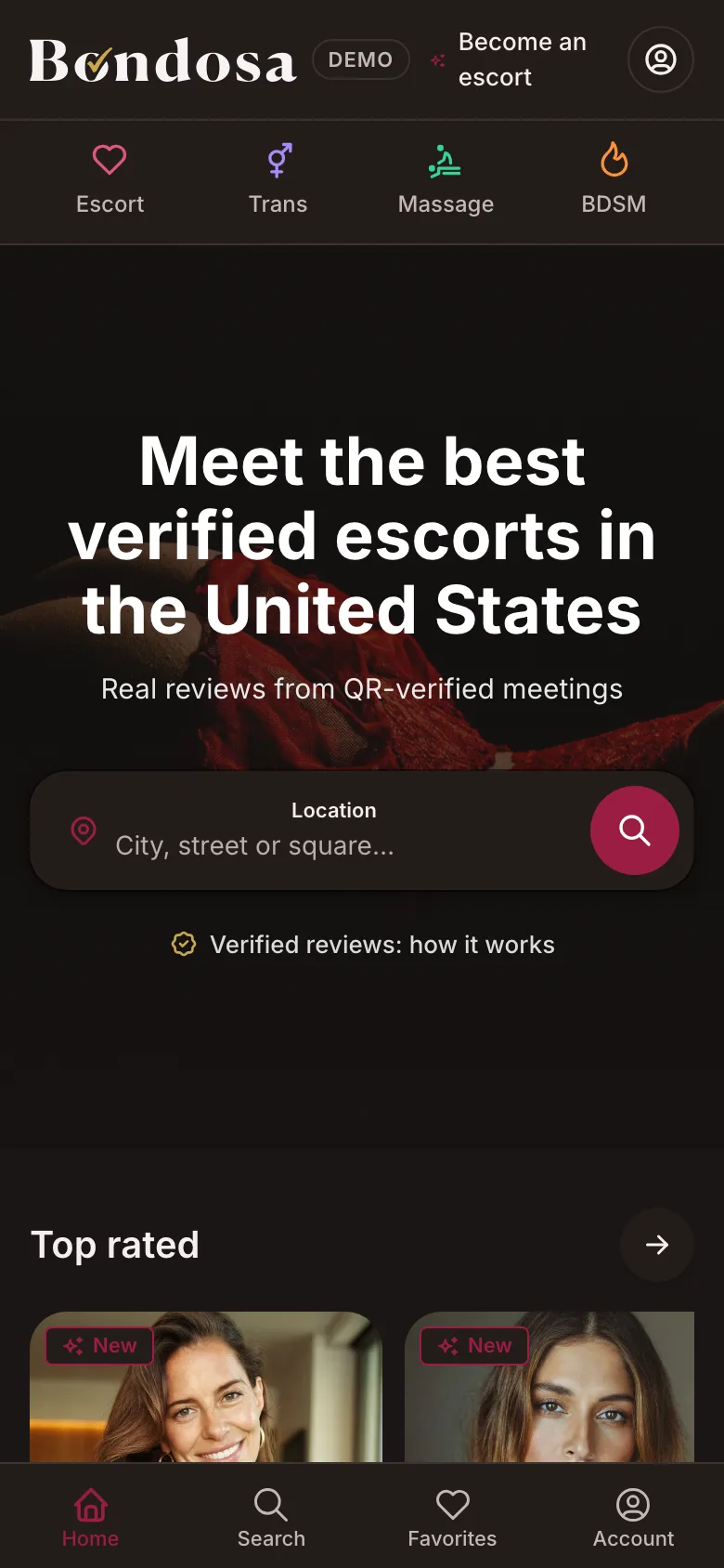 The escort directory home page on a phone