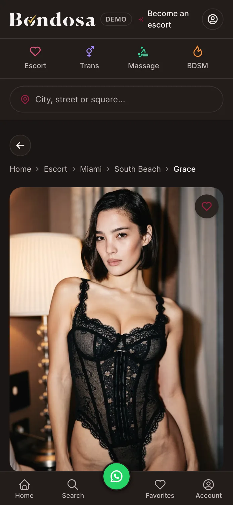 An escort listing on a phone, with photos, details and contact buttons