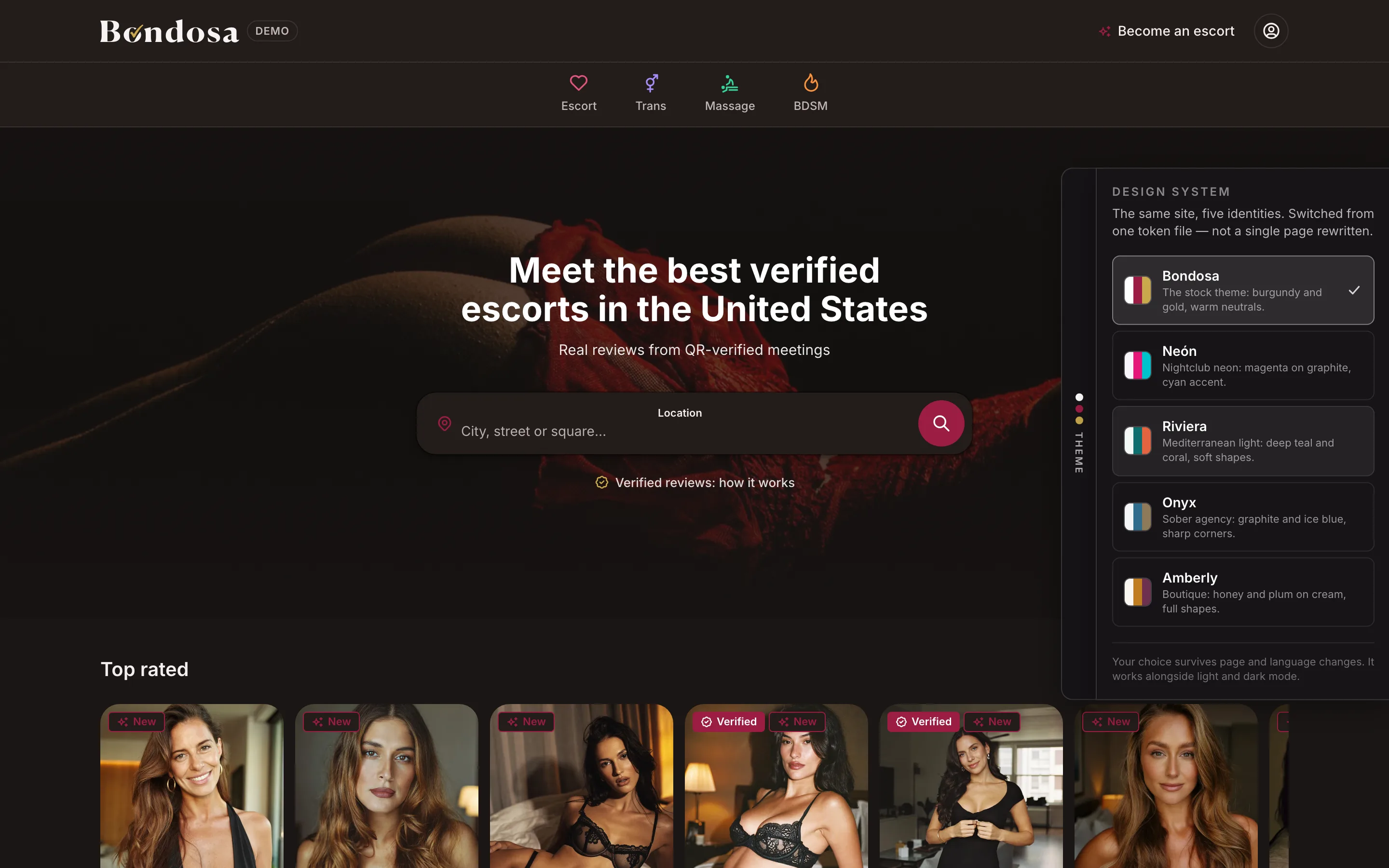 The same escort directory shown with five different looks